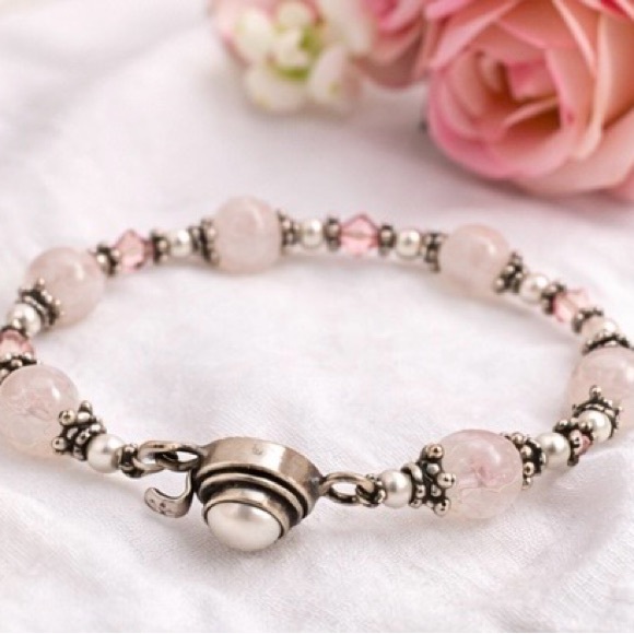 Vintage Artisan Rose Quartz Sterling Silver Beaded Bracelet Pink Crystal - Picture 12 of 12